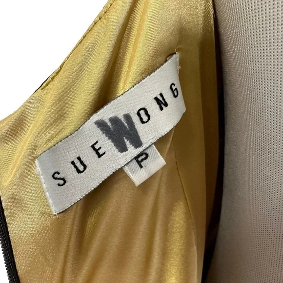 Sue Wong Womens Floral Balloon Tiered Maxi Dress Sz Small Green Gold Sleeveless - Picture 12 of 12